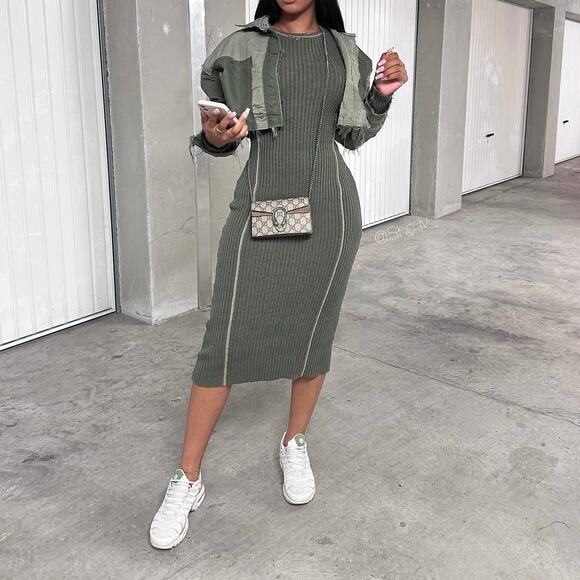 ZARA RIBBED KNIT PIPED STRETCH LONG SLEEVE MIDI DRESS KHAKI - Picture 3 of 13